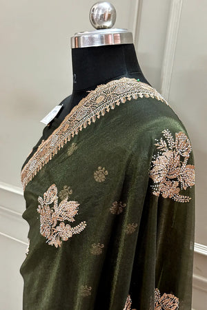 Mehendi Embordiery Siroski Work Silk Saree