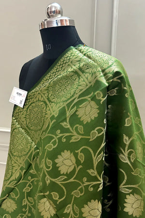 Mehendi Golden Zari Satin Silk Banarasi Dupatta