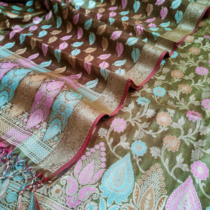 Mehendi Tilfi Meenakari Satin Silk Banarasi Suit