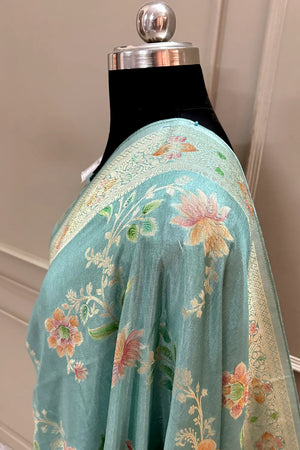 Mint Green Shakahari Jaal Georgette Silk Banarasi Saree