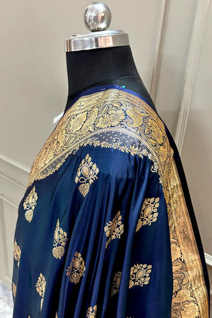 Navy Blue Golden Zari Katan Silk Banarasi Saree