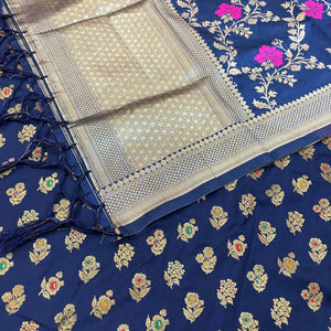 Navy Blue Golden Zari Katan Silk Banarasi Suit