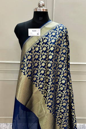 Navy Blue Golden Zari Satin Silk Banarasi Dupatta