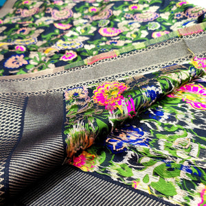 Navy Blue Meenakari Floral Satin Silk Banarasi Dupatta