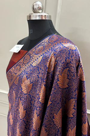 Navy Blue and Maroon Resham Zari Silky Banarasi Saree