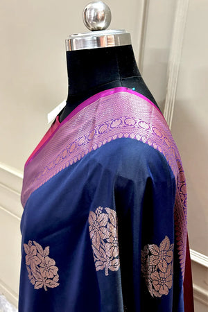 Navy Blue and Pink Golden Zari Banarasi Silk Saree
