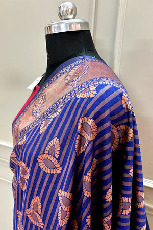 Navy Blue and Pink Resham Zari Banarasi Silk Saree