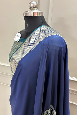 Navy Blue and Teal Golden Zari Satin Silk Banarasi Saree