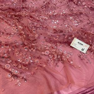 Onion Pink Net Chikankari Sequence Work Fabric