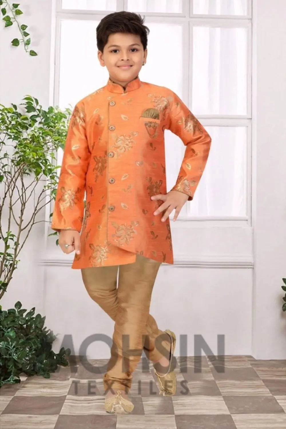 Orange Flower Buta Lilen Silk Boys Kurta Pajama