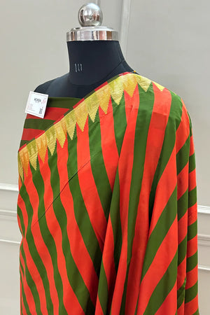 Orange and Mehendi Stripe Plain Satin Silk Banarasi Saree
