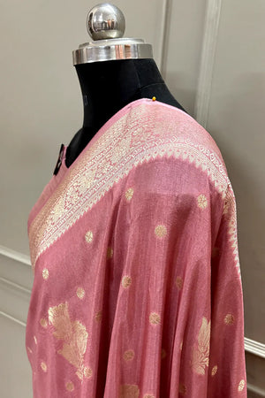 Peach Golden Zari Georgette Silk Banarasi Saree