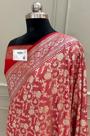 Peach and Red Gulabi Jaal Katan Silk Banarasi Saree