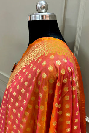 Peachy Orange Golden Zari Katan Silk Banarasi Dupatta