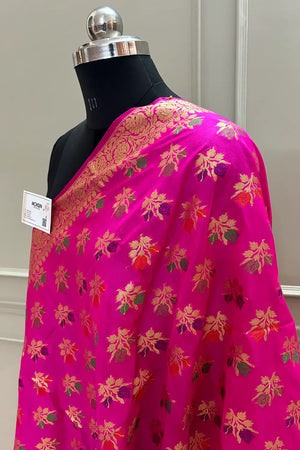 Pink Golden Zari Banarasi Silk Dupatta