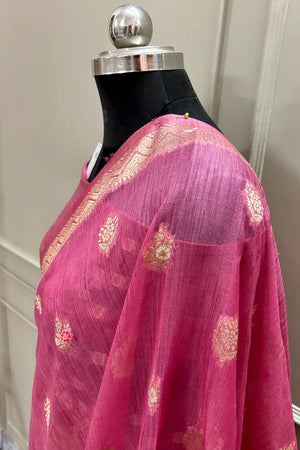 Pink Golden Zari Dupion Silk Banarasi Saree
