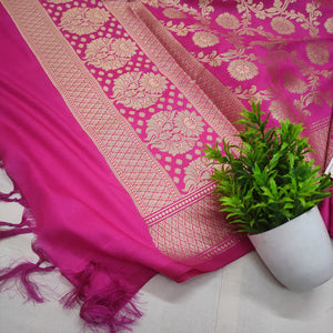 Pink Golden Zari Katan Silk Banarasi Suit