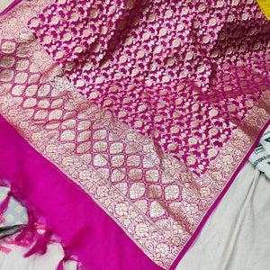 Pink Golden Zari Pure Organza Silk Banarasi Dupatta