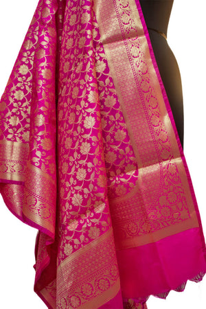 Pink Handloom Pure Katan Silk Banarasi Dupatta
