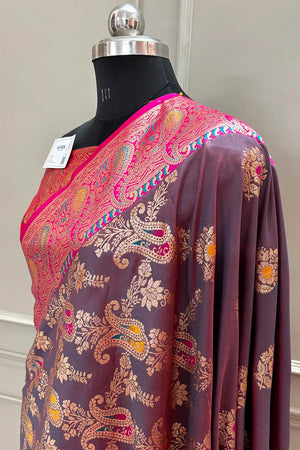 Pink and Purple Golden Zari Silky Banarasi Saree