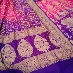 Pink and Purple Handloom Georgette Silk Bandhej Lahenga
