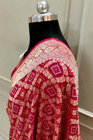 Pinkish Red Bandhej Georgette Silk Banarasi Saree