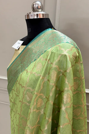 Pista Golden Zari Cotton Silk Banarasi Saree
