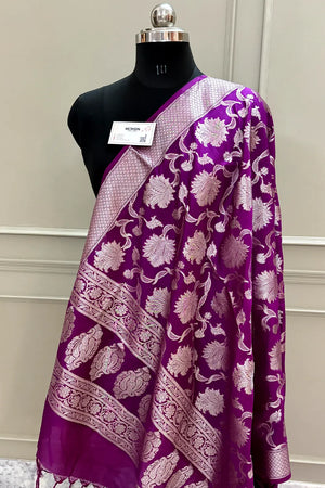 Purple Golden Zari Katan Silk Banarasi Dupatta