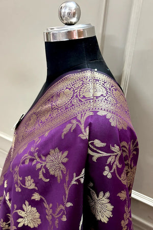 Purple Golden Zari Satin Silk Banarasi Dupatta