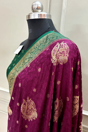 Purple and Bottle Green Golden Zari Katan Silk Banarasi Saree