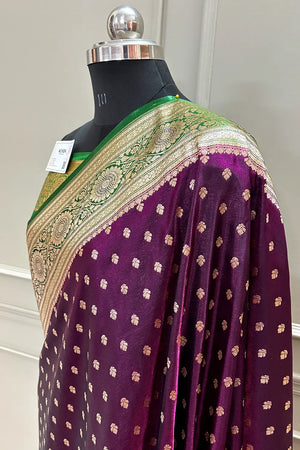 Purple and Green Makkhi Buti Satin Silk Banarasi Saree