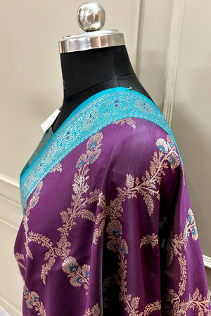 Purple and Teal Zari Silk Banarasi Saree