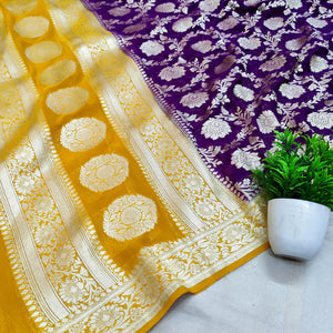 Purple and Yellow Handloom Pure Georgette Silk Banarasi Dupatta