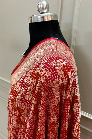 Red Bandhej Georgette Silk Banarasi Saree