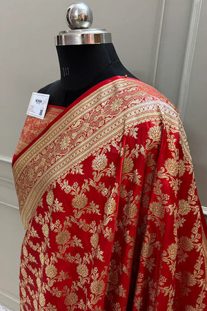 Red Golden Zari Katan Silk Banarasi Saree