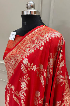 Red Golden Zari Katan Silk Banarasi Saree