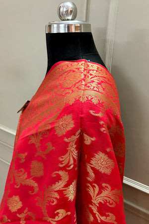 Red Golden Zari Satin Silk Banarasi Dupatta