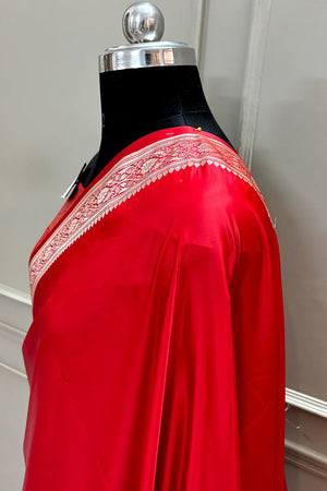 Red Plain Zari Border Katan Silk Banarasi Saree
