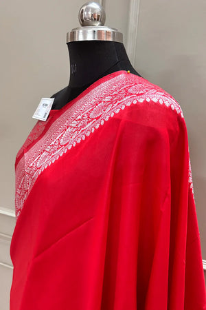 Red Plain Resham Zari Silky Banarasi Saree
