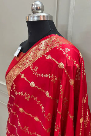Red Sunehri Lehar Katan Silk Banarasi Saree