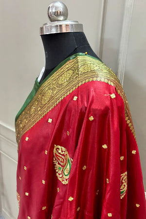 Red and Green Golden Zari Satin Silk Banarasi Saree