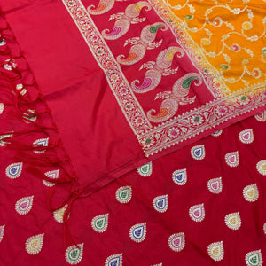 Red and Orange Golden Zari Katan Silk Banarasi Suit