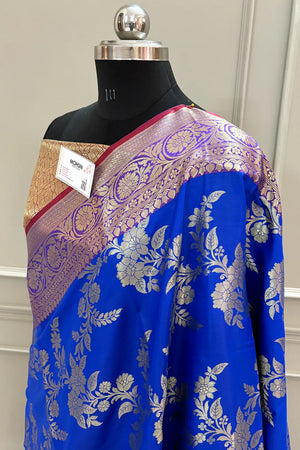 Royal Blue and Maroon Bharama Jaal Satin Silk Banarasi Saree