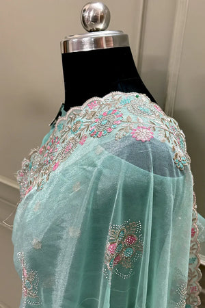Sea Green Embroidery Siroski Brasso Net Saree