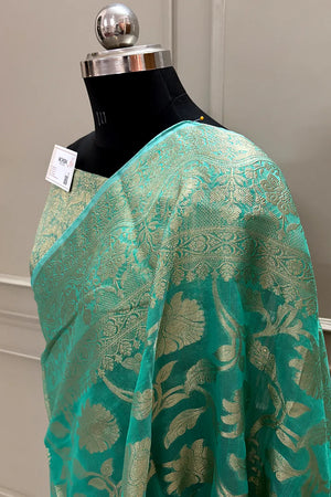 Sea Green Golden Zari Chanderi Silk Banarasi Saree