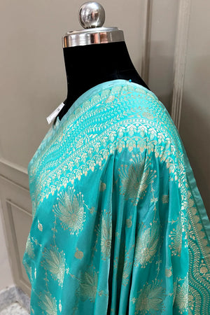 Sea Green Spider Jaal Katan Silk Banarasi Saree