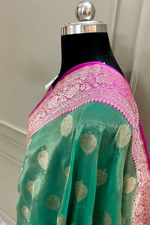 Sea Green and Pink Pure Tissue Silk Banarasi Saree
