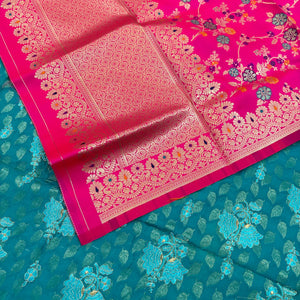 Sea Green and Pink Resham Zari Cotton Silk Banarasi Suit