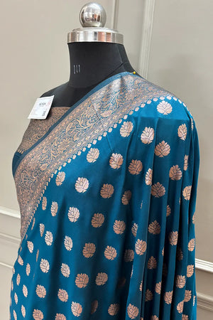 Teal Golden Zari Satin Silk Banarasi Saree