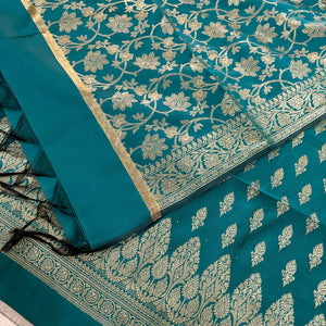 Teal Parvat Buti Satin Silk Banarasi Suit
